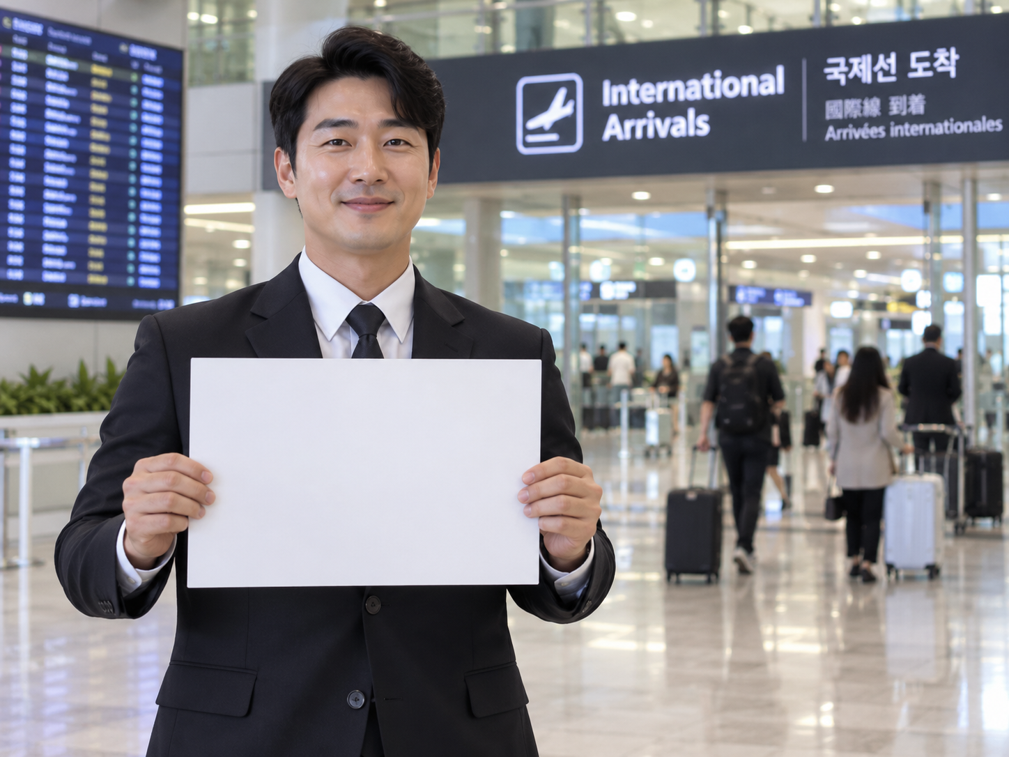 공항에서 피켓을 들고 대기하는 기사